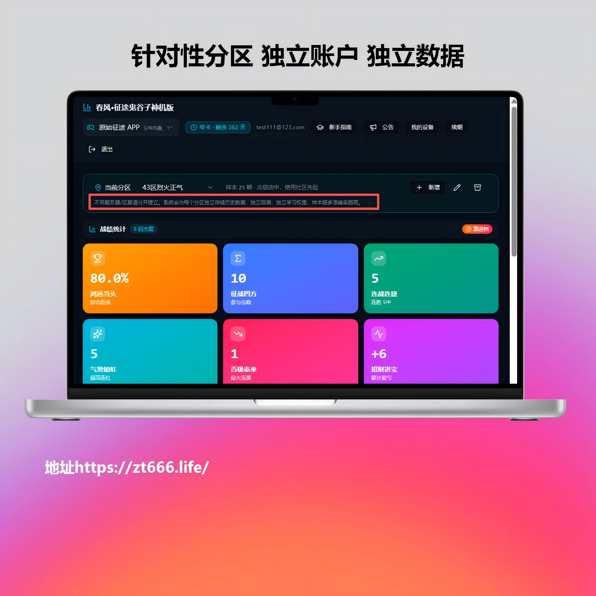 春风·征途鬼谷子神机版电脑端界面:分区独立数据与战绩统计看板
