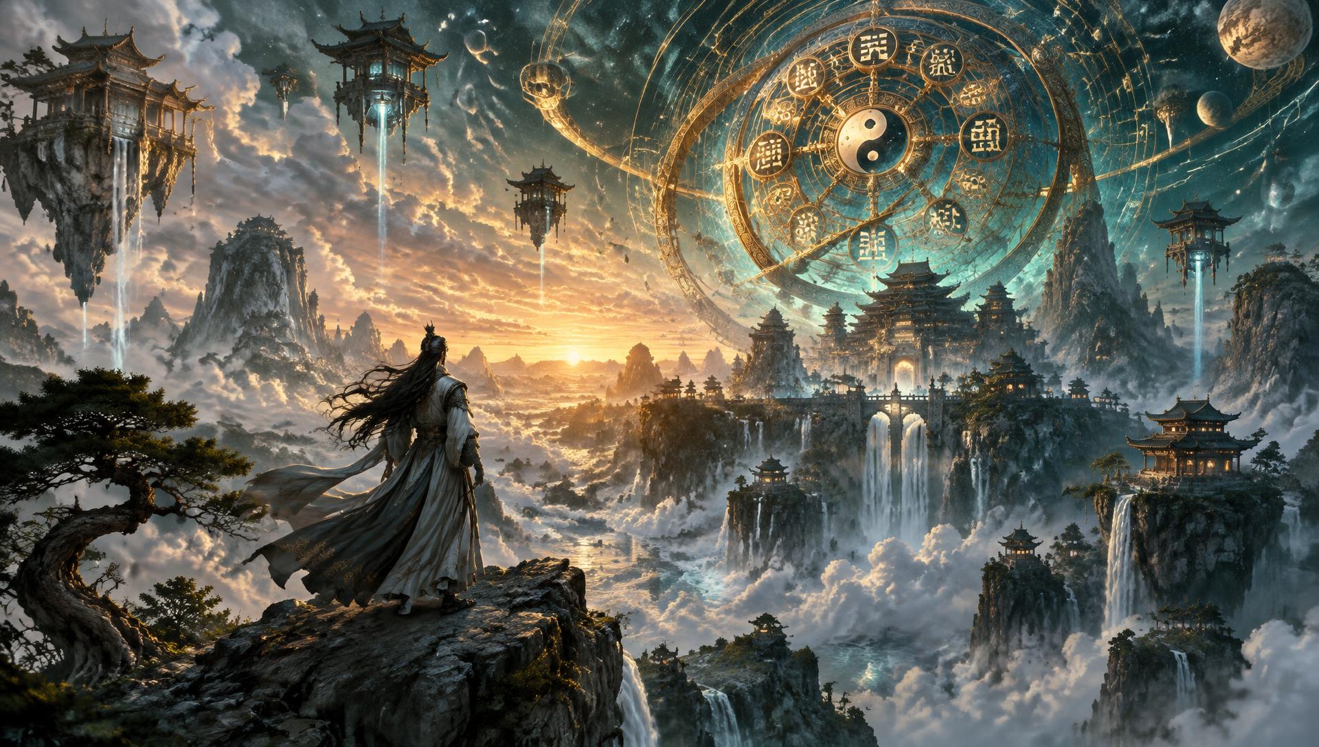 云海仙山与星盘的东方奇幻场景